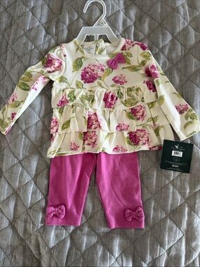 Laura Ashley Cream Floral Ruffle Top with Pink Bow Leggings